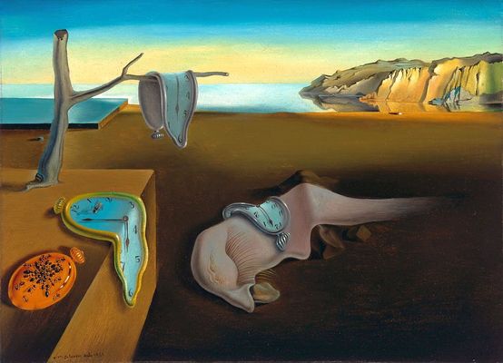 Salvador Dali: Az elfolyó idő (1931), olajfestmény. New York, Modern Művészeti Múzeum tulajdona, 1934-től. Forrás: Wikipédia Salvador Dali: Az elfolyó idő (1931), olajfestmény. New York, Modern Művészeti Múzeum tulajdona, 1934-től. Forrás: Wikipédia