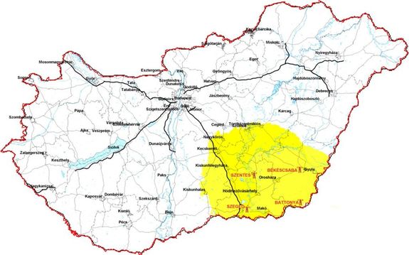 Csongrd-Csand s Bks vrmegye Magyarorszg trkpn. Kp: marlpoint.nl   