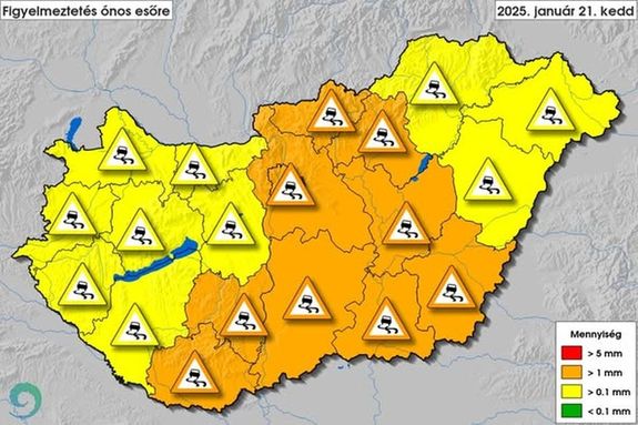 A meteorolgiai szolglat keddre, kilenc vrmegye terletre msodfok figyelmeztetst adott ki, ahol tbbrs nos es vrhat, amelynek mennyisge meghaladhatja az 1 millimternyit. Trkp forrsa: HungaroMet Nonprofit Zrt. - MTI